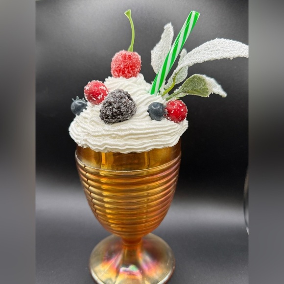 New OOAK Upcycled Carnival Glass Faux Whipped Dessert w/ Fruit Decor - Picture 2 of 4